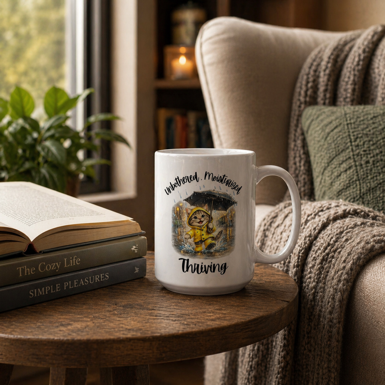 Cat Coffee Mug, Unbothered Moisturized Thriving Mug, Funny Cat Mug, Rainy Day Mug, Cute Cat Coffee Cup, Gift for Cat Lovers, 11oz, 15oz, Black, White Mug