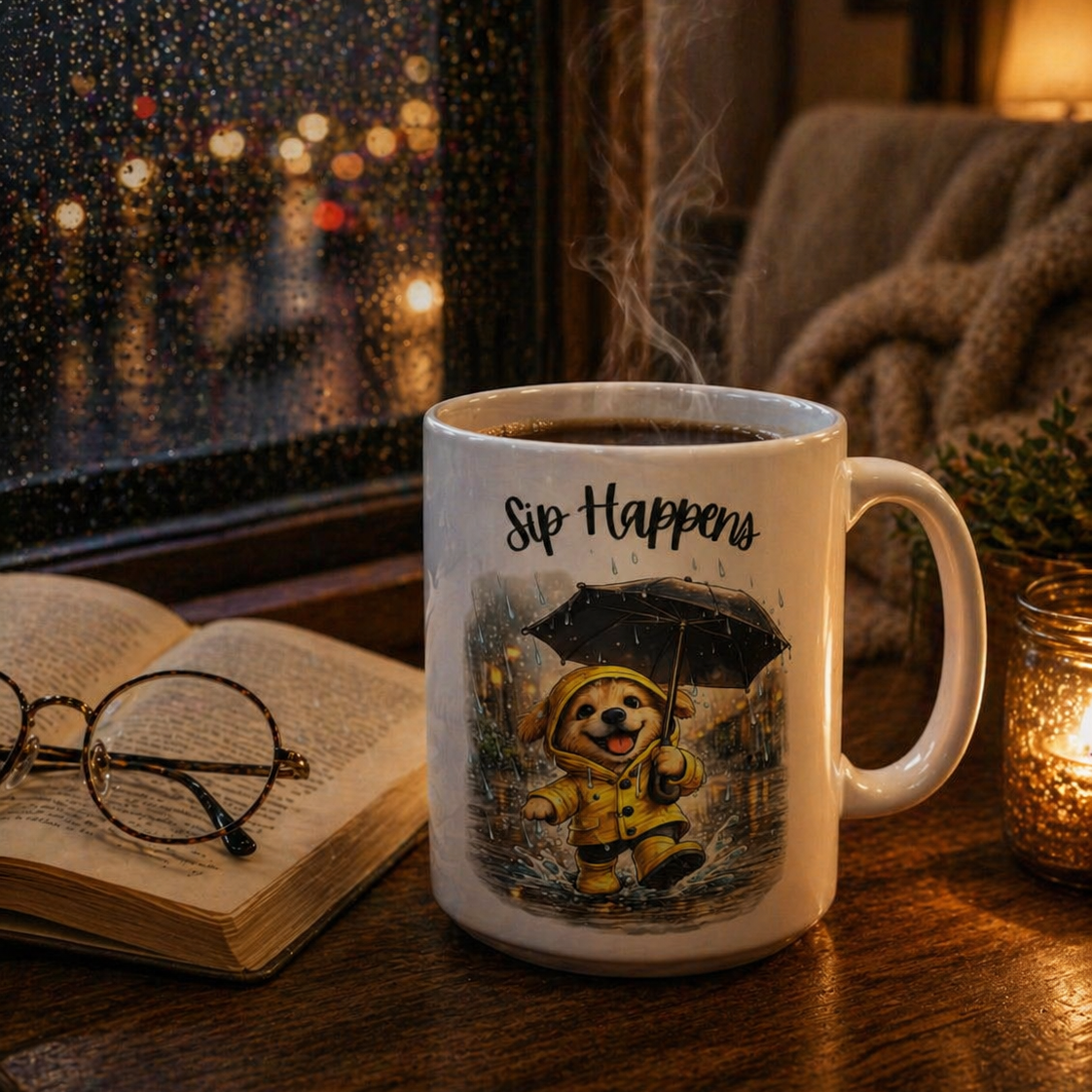 Dog Coffee Mug, Sip Happens Mug, Funny Dog Mug, Rainy Day Mug, Cute Dog Coffee Cup, Gift for Dog Lovers, 11oz, 15oz, Black, White Mug