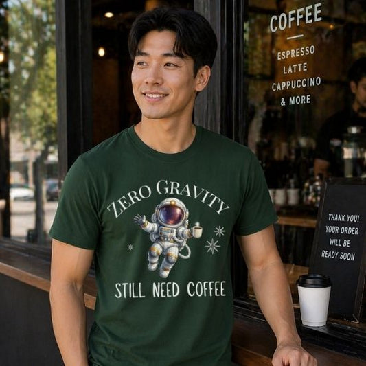 Man wearing a green t-shirt with an astronaut graphic and text in a coffee shop.