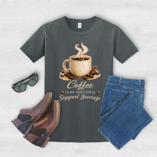 Coffee Is My Emotional Support Beverage Shirt, Funny Coffee Lover Tee, Caffeine Graphic T Shirt, Cozy Coffee Aesthetic Tee, Cute Coffee Shirt