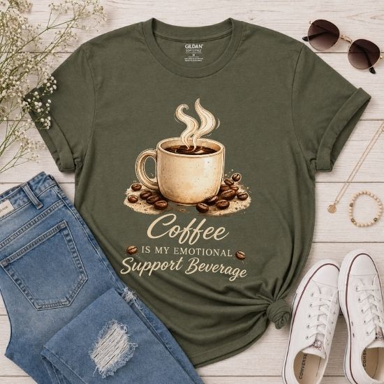 Coffee Is My Emotional Support Beverage Shirt, Funny Coffee Lover Tee, Caffeine Graphic T Shirt, Cozy Coffee Aesthetic Tee, Cute Coffee Shirt