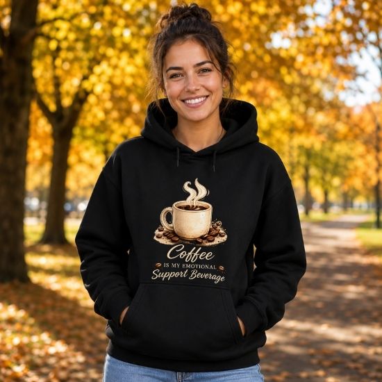 Coffee Is My Emotional Support Beverage Hoodie, Funny Coffee Lover Sweatshirt, Cozy Coffee Graphic Hoodie, Caffeine Aesthetic Pullover, Cute Coffee Hoodie