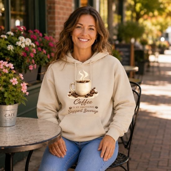 Coffee Is My Emotional Support Beverage Hoodie, Funny Coffee Lover Sweatshirt, Cozy Coffee Graphic Hoodie, Caffeine Aesthetic Pullover, Cute Coffee Hoodie