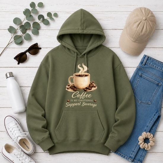 Coffee Is My Emotional Support Beverage Hoodie, Funny Coffee Lover Sweatshirt, Cozy Coffee Graphic Hoodie, Caffeine Aesthetic Pullover, Cute Coffee Hoodie