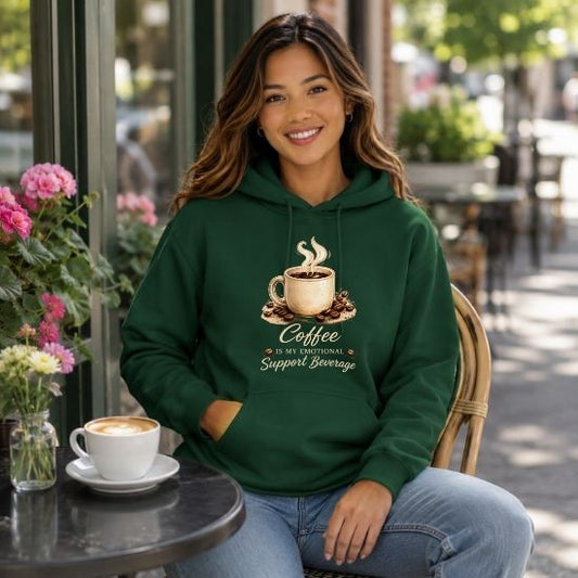 Coffee Is My Emotional Support Beverage Hoodie, Funny Coffee Lover Sweatshirt, Cozy Coffee Graphic Hoodie, Caffeine Aesthetic Pullover, Cute Coffee Hoodie