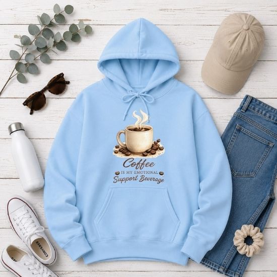 Coffee Is My Emotional Support Beverage Hoodie, Funny Coffee Lover Sweatshirt, Cozy Coffee Graphic Hoodie, Caffeine Aesthetic Pullover, Cute Coffee Hoodie
