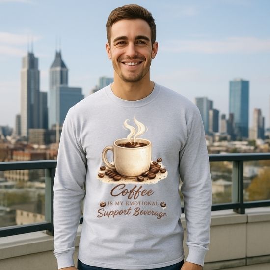 Coffee Is My Emotional Support Beverage Long Sleeve Tee, Funny Coffee Lover Shirt, Caffeine Graphic Long Sleeve Shirt, Cozy Coffee Aesthetic Tee, Cute Coffee Shirt