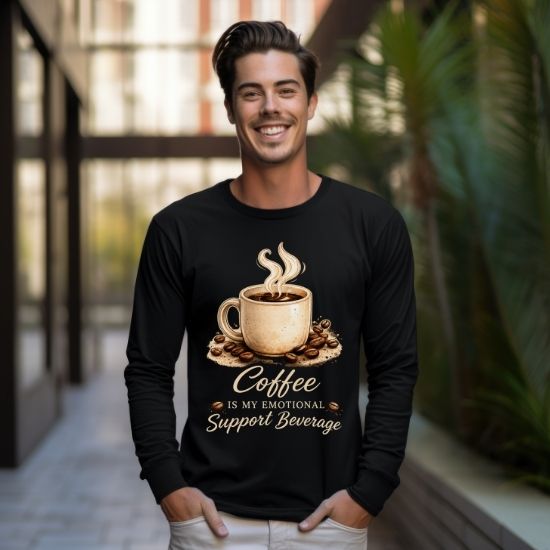 Coffee Is My Emotional Support Beverage Long Sleeve Tee, Funny Coffee Lover Shirt, Caffeine Graphic Long Sleeve Shirt, Cozy Coffee Aesthetic Tee, Cute Coffee Shirt