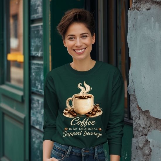Coffee Is My Emotional Support Beverage Long Sleeve Tee, Funny Coffee Lover Shirt, Caffeine Graphic Long Sleeve Shirt, Cozy Coffee Aesthetic Tee, Cute Coffee Shirt