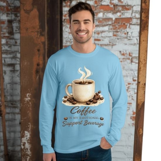 Coffee Is My Emotional Support Beverage Long Sleeve Tee, Funny Coffee Lover Shirt, Caffeine Graphic Long Sleeve Shirt, Cozy Coffee Aesthetic Tee, Cute Coffee Shirt