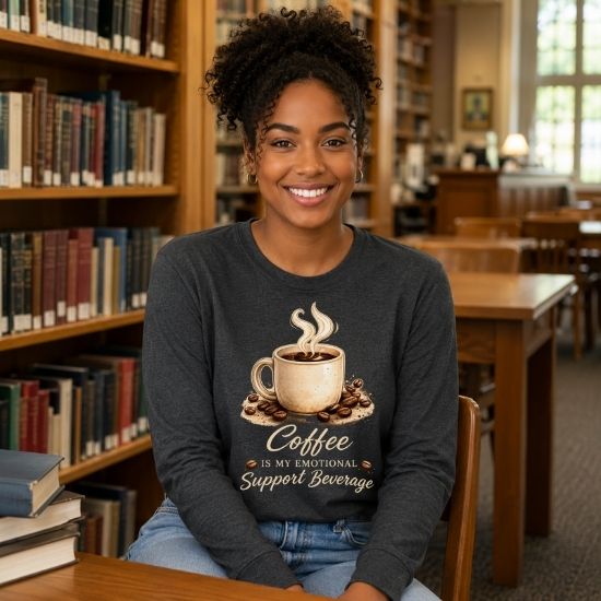 Coffee Is My Emotional Support Beverage Long Sleeve Tee, Funny Coffee Lover Shirt, Caffeine Graphic Long Sleeve Shirt, Cozy Coffee Aesthetic Tee, Cute Coffee Shirt
