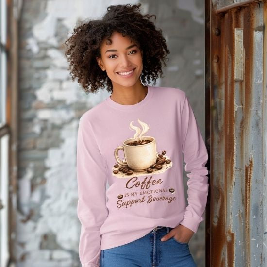 Coffee Is My Emotional Support Beverage Long Sleeve Tee, Funny Coffee Lover Shirt, Caffeine Graphic Long Sleeve Shirt, Cozy Coffee Aesthetic Tee, Cute Coffee Shirt