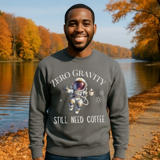 Zero Gravity Still Need Coffee Sweatshirt, Funny Coffee Lover Sweatshirt, Astronaut Sweatshirt, Space Graphic Crewneck, Sarcastic Coffee Sweatshirt, Cozy Unisex Sweatshirt