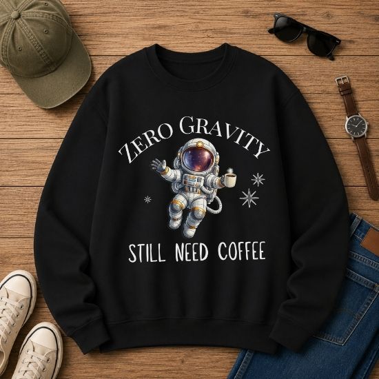 Zero Gravity Still Need Coffee Sweatshirt, Funny Coffee Lover Sweatshirt, Astronaut Sweatshirt, Space Graphic Crewneck, Sarcastic Coffee Sweatshirt, Cozy Unisex Sweatshirt