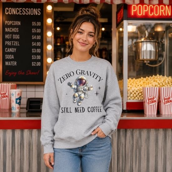 Zero Gravity Still Need Coffee Sweatshirt, Funny Coffee Lover Sweatshirt, Astronaut Sweatshirt, Space Graphic Crewneck, Sarcastic Coffee Sweatshirt, Cozy Unisex Sweatshirt
