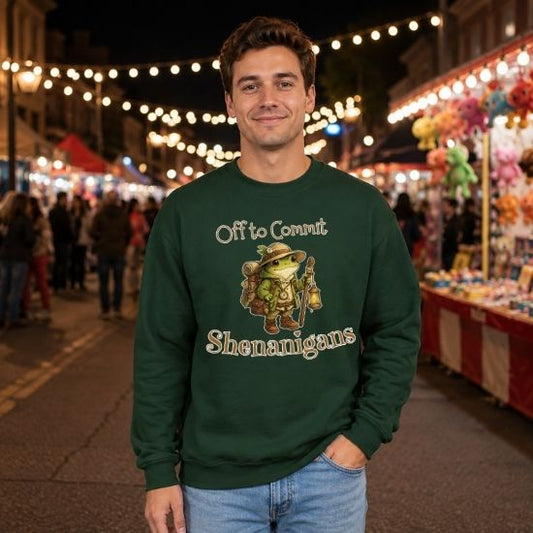 Off to Commit Shenanigans Sweatshirt, Funny Cottagecore Frog Sweatshirt, Fantasy Adventure Frog Crewneck, Cozy Nature Aesthetic Pullover, Whimsical Frog Gift