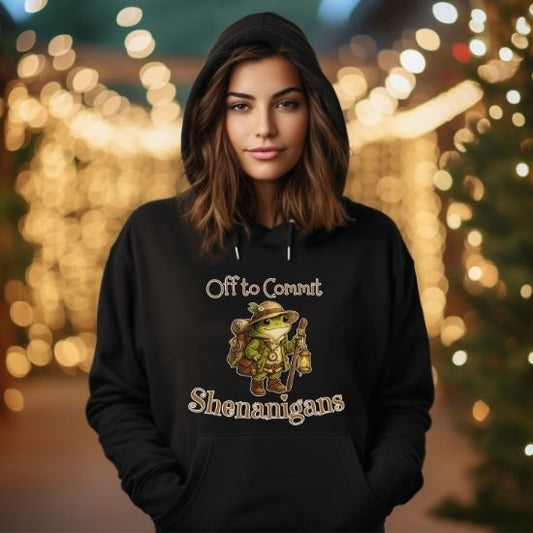 Off to Commit Shenanigans Hoodie, Funny Cottagecore Frog Hoodie, Fantasy Adventure Frog Pullover, Cozy Nature Aesthetic Hoodie, Whimsical Frog Gift