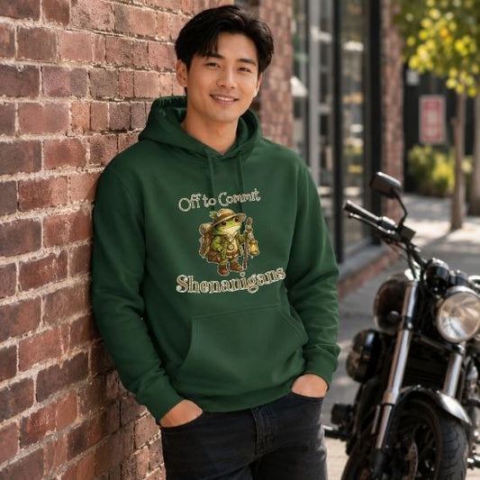 Off to Commit Shenanigans Hoodie, Funny Cottagecore Frog Hoodie, Fantasy Adventure Frog Pullover, Cozy Nature Aesthetic Hoodie, Whimsical Frog Gift