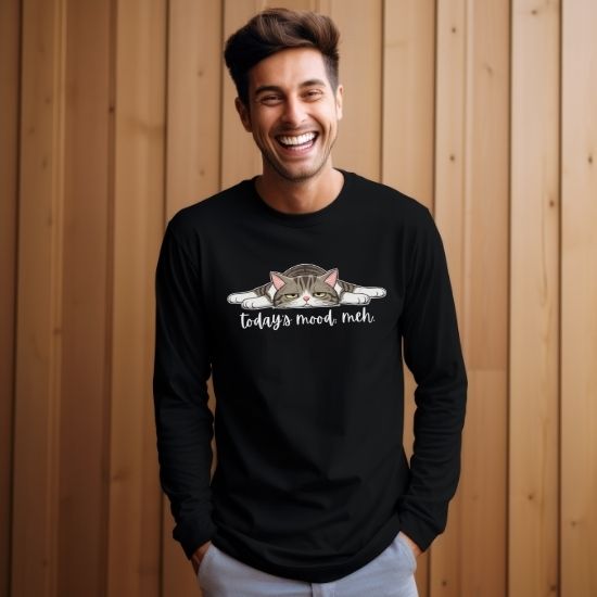 Today’s Mood Meh Cat Long Sleeve Shirt, Funny Cat Long Sleeve Tee, Sarcastic Cat Shirt, Cute Lazy Cat Graphic Tee, Introvert Mood Shirt, Cozy Cat Lover Gift, Unisex Long Sleeve Tee
