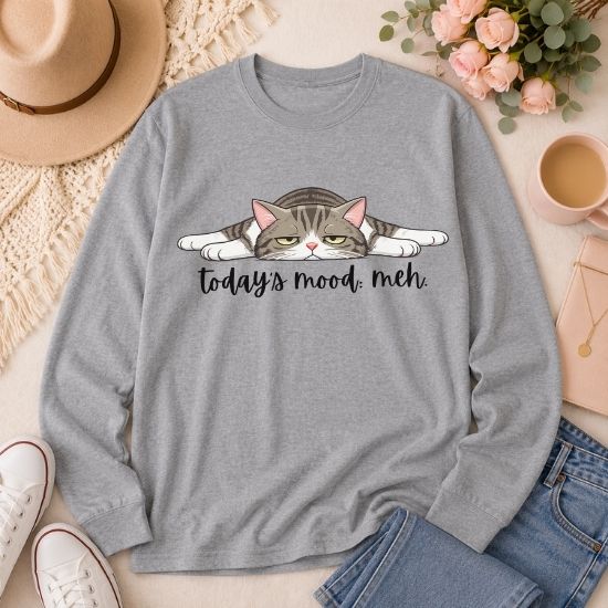 Today’s Mood Meh Cat Long Sleeve Shirt, Funny Cat Long Sleeve Tee, Sarcastic Cat Shirt, Cute Lazy Cat Graphic Tee, Introvert Mood Shirt, Cozy Cat Lover Gift, Unisex Long Sleeve Tee
