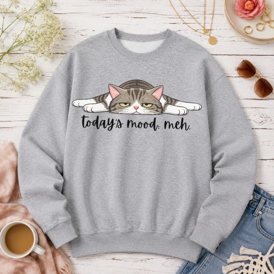 Today’s Mood: Meh Cat Sweatshirt, Funny Cat Sweatshirt, Sarcastic Cat Crewneck, Cute Lazy Cat Sweatshirt, Introvert Sweatshirt, Gift for Cat Lovers