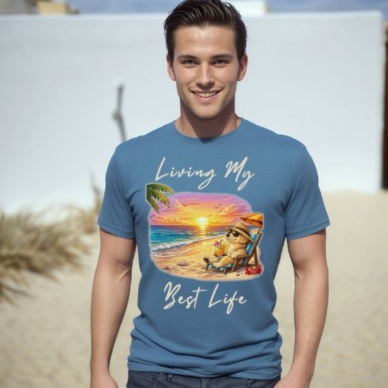 Living My Best Life Beach Dog Shirt, Funny Summer Vacation Tee, Relaxing Beach Sunset T Shirt, Coastal Graphic Tee, Tropical Vacation Shirt, Cute Dog Beach Tee, Summer Graphic Shirt