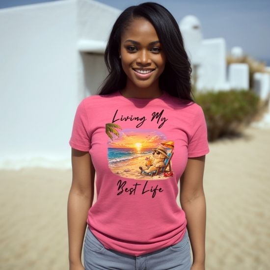 Living My Best Life Beach Dog Shirt, Funny Summer Vacation Tee, Relaxing Beach Sunset T Shirt, Coastal Graphic Tee, Tropical Vacation Shirt, Cute Dog Beach Tee, Summer Graphic Shirt