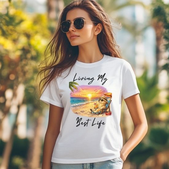 Living My Best Life Beach Dog Shirt, Funny Summer Vacation Tee, Relaxing Beach Sunset T Shirt, Coastal Graphic Tee, Tropical Vacation Shirt, Cute Dog Beach Tee, Summer Graphic Shirt