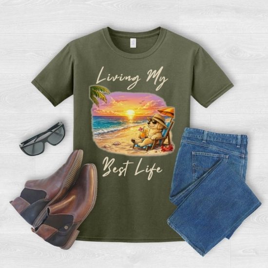 Living My Best Life Beach Dog Shirt, Funny Summer Vacation Tee, Relaxing Beach Sunset T Shirt, Coastal Graphic Tee, Tropical Vacation Shirt, Cute Dog Beach Tee, Summer Graphic Shirt