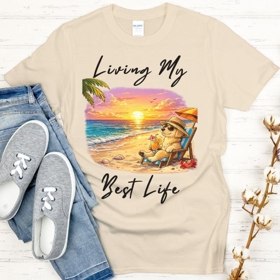 Living My Best Life Beach Dog Shirt, Funny Summer Vacation Tee, Relaxing Beach Sunset T Shirt, Coastal Graphic Tee, Tropical Vacation Shirt, Cute Dog Beach Tee, Summer Graphic Shirt