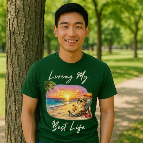 Living My Best Life Beach Dog Shirt, Funny Summer Vacation Tee, Relaxing Beach Sunset T Shirt, Coastal Graphic Tee, Tropical Vacation Shirt, Cute Dog Beach Tee, Summer Graphic Shirt