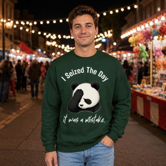 I Seized The Day It Was A Mistake Sweatshirt, Funny Panda Sweatshirt, Sarcastic Panda Crewneck, Introvert Humor Sweatshirt, Burnout Graphic Sweatshirt