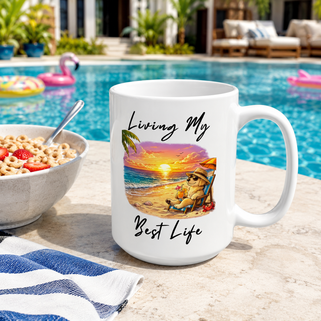 Living My Best Life Mug, Beach Dog Coffee Mug, Vacation Coffee Cup, Coastal Mug, Dog Lover Gift, Summer Mug