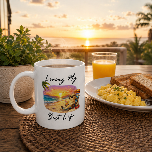 Living My Best Life Mug, Beach Dog Coffee Mug, Vacation Coffee Cup, Coastal Mug, Dog Lover Gift, Summer Mug