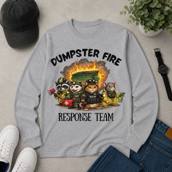 Dumpster Fire Response Team Long Sleeve Shirt, Funny Emergency Humor Tee, Sarcastic Animal Shirt, Firefighter EMT Parody Gift