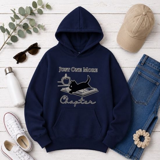 Just One More Chapter Hoodie, Reading Hoodie, Book Lover Gift, Bookish Cat Hoodie, Black Cat Hoodie, Cozy Reader Hoodie, Gift for Cat Lovers