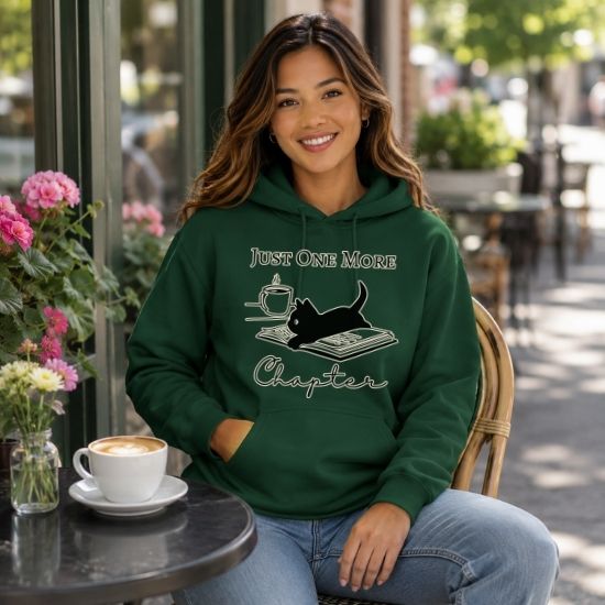 Just One More Chapter Hoodie, Reading Hoodie, Book Lover Gift, Bookish Cat Hoodie, Black Cat Hoodie, Cozy Reader Hoodie, Gift for Cat Lovers