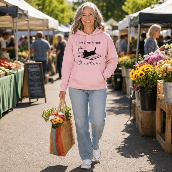 Just One More Chapter Hoodie, Reading Hoodie, Book Lover Gift, Bookish Cat Hoodie, Black Cat Hoodie, Cozy Reader Hoodie, Gift for Cat Lovers