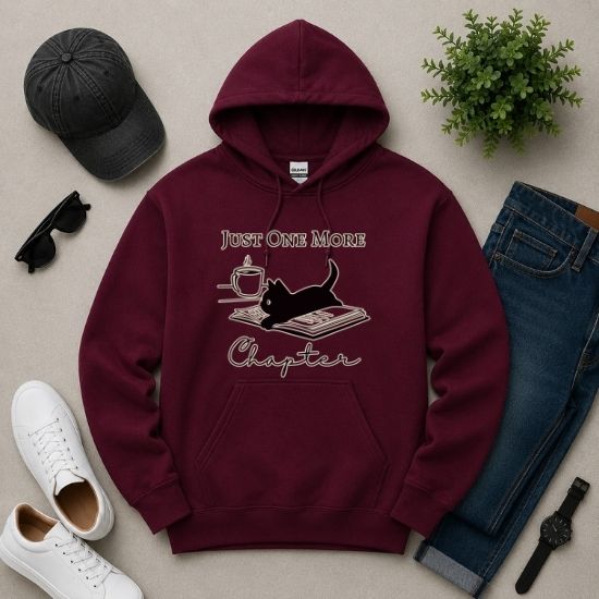 Just One More Chapter Hoodie, Reading Hoodie, Book Lover Gift, Bookish Cat Hoodie, Black Cat Hoodie, Cozy Reader Hoodie, Gift for Cat Lovers