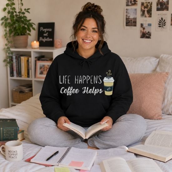 Life Happens Coffee Helps Hoodie, Funny Coffee Lover Hoodie, Caffeine Addict Sweatshirt, Cozy Graphic Hoodie, Coffee Quote Hoodie, Gift for Coffee Lovers
