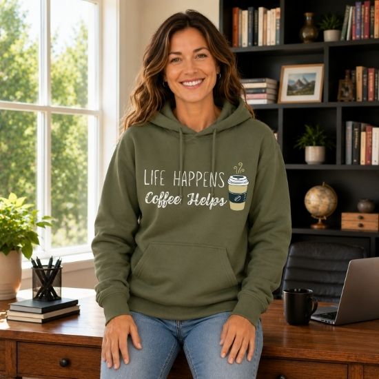 Life Happens Coffee Helps Hoodie, Funny Coffee Lover Hoodie, Caffeine Addict Sweatshirt, Cozy Graphic Hoodie, Coffee Quote Hoodie, Gift for Coffee Lovers