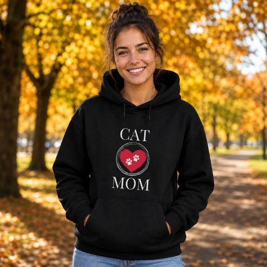 Cat Mom Hoodie, Pet Lover Hoodie, Heart Paw Print Hoodie, Gift for Cat Mom, Cat Lover Sweatshirt, Cat Hoodie