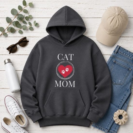 Cat Mom Hoodie, Pet Lover Hoodie, Heart Paw Print Hoodie, Gift for Cat Mom, Cat Lover Sweatshirt, Cat Hoodie