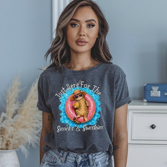 Just Here For The Snacks And Sunshine Shirt, Funny Summer Cat Shirt, Pool Cat T Shirt, Vacation Cat Tee, Cat Lover Gift, Beach Shirt