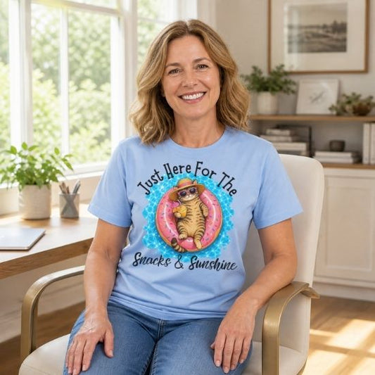 Just Here For The Snacks And Sunshine Shirt, Funny Summer Cat Shirt, Pool Cat T Shirt, Vacation Cat Tee, Cat Lover Gift, Beach Shirt