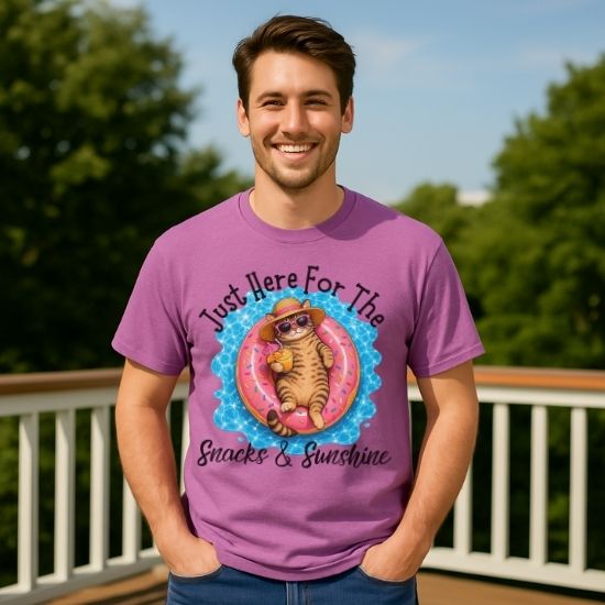 Just Here For The Snacks And Sunshine Shirt, Funny Summer Cat Shirt, Pool Cat T Shirt, Vacation Cat Tee, Cat Lover Gift, Beach Shirt