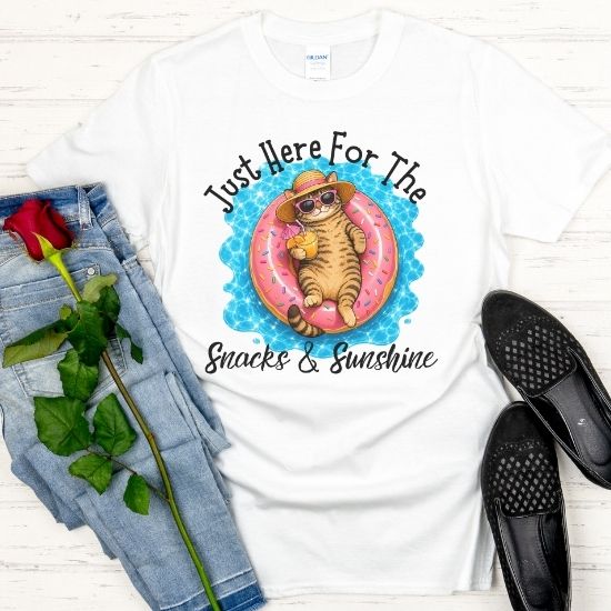 Just Here For The Snacks And Sunshine Shirt, Funny Summer Cat Shirt, Pool Cat T Shirt, Vacation Cat Tee, Cat Lover Gift, Beach Shirt