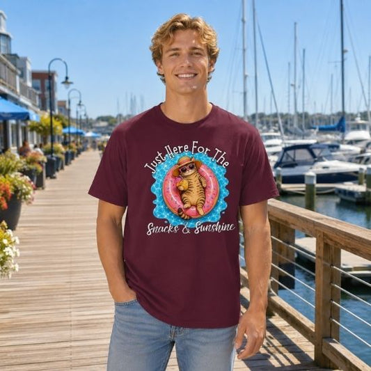 Just Here For The Snacks And Sunshine Shirt, Funny Summer Cat Shirt, Pool Cat T Shirt, Vacation Cat Tee, Cat Lover Gift, Beach Shirt