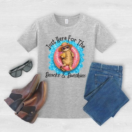 Just Here For The Snacks And Sunshine Shirt, Funny Summer Cat Shirt, Pool Cat T Shirt, Vacation Cat Tee, Cat Lover Gift, Beach Shirt