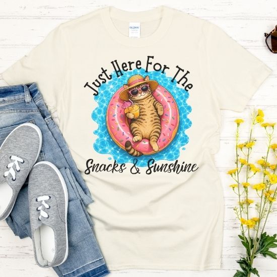 Just Here For The Snacks And Sunshine Shirt, Funny Summer Cat Shirt, Pool Cat T Shirt, Vacation Cat Tee, Cat Lover Gift, Beach Shirt